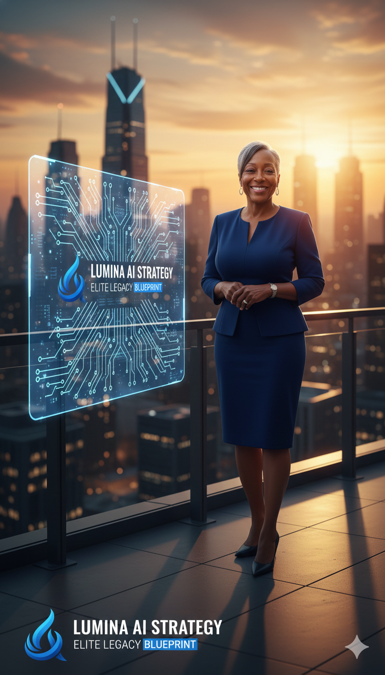 Adrienne L. Cordero standing on a rooftop terrace at sunset with a futuristic city skyline behind her, beside a glowing holographic display labeled Lumina AI Strategy: Elite Legacy Blueprint.