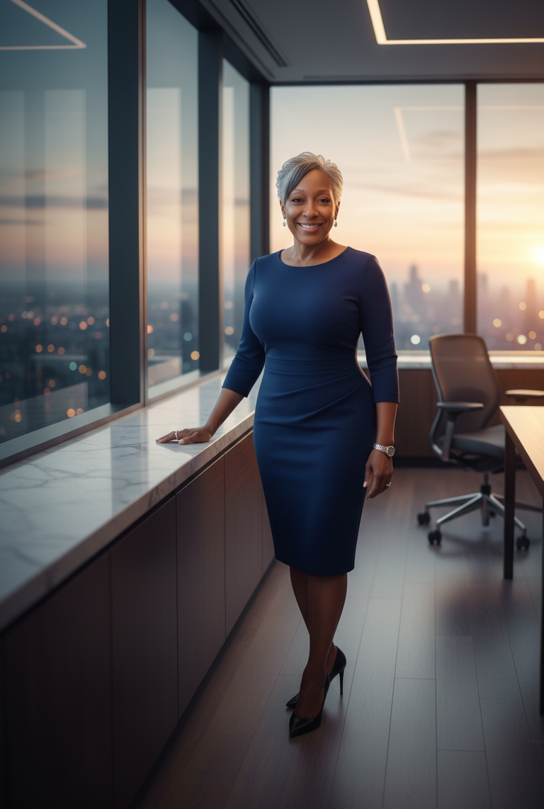 Portrait of Adrienne L. Cordero, founder of Lumina Creative LLC, standing in a skyline office at sunset