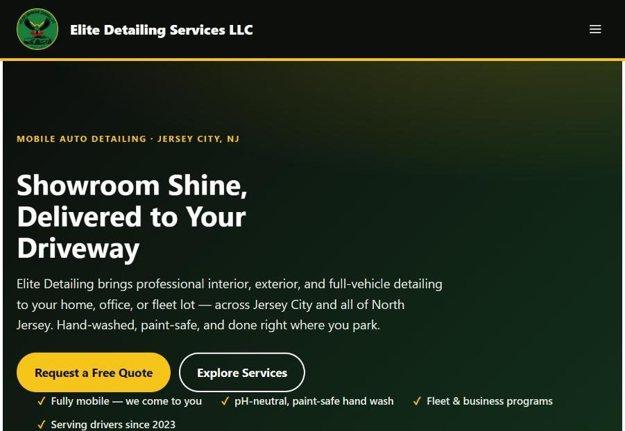 Elite Detailing Services LLC website home page — mobile auto detailing site designed and built by Lumina Creative