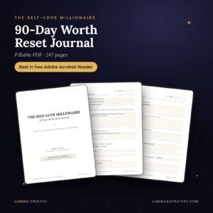 The Self-Love Millionaire 90-Day Worth Reset Journal, fillable PDF, 247 pages, best in free Adobe Acrobat Reader. The cover and sample Day 1 morning and evening pages are shown.
