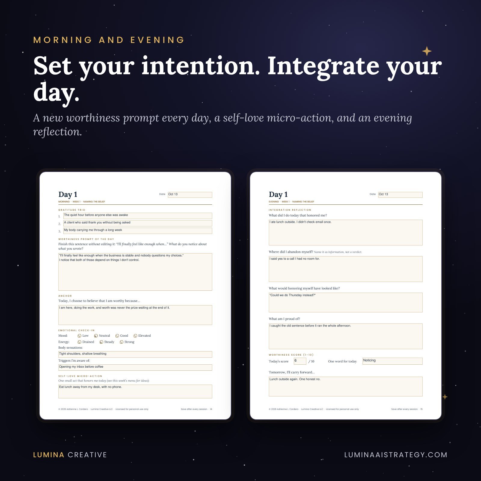 Sample Day 1 morning and evening journal pages, with gratitude, a worthiness prompt, an anchor, an emotional check-in, and an evening integration reflection.