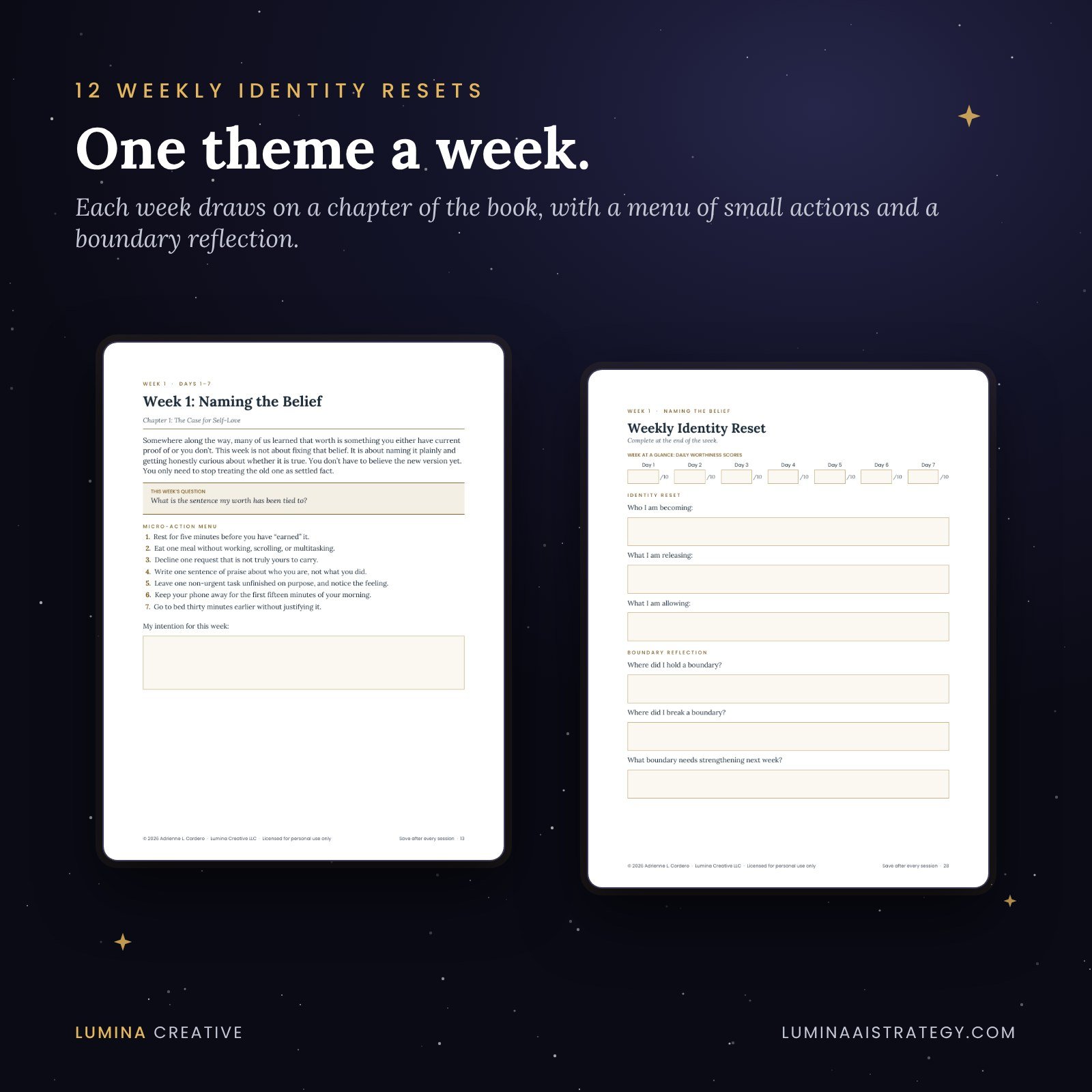 The Week 1 introduction page and the Weekly Identity Reset page with worthiness scores and a boundary reflection.