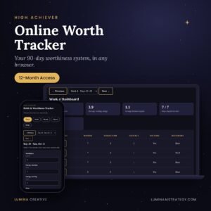 Online Worth Tracker product image: a laptop showing the weekly dashboard and a phone showing the daily check-in, with a 12-Month Access badge