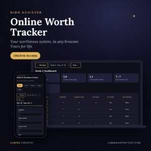 Online Worth Tracker lifetime access: a laptop showing the weekly dashboard and a phone showing the daily check-in, with a Lifetime Access badge