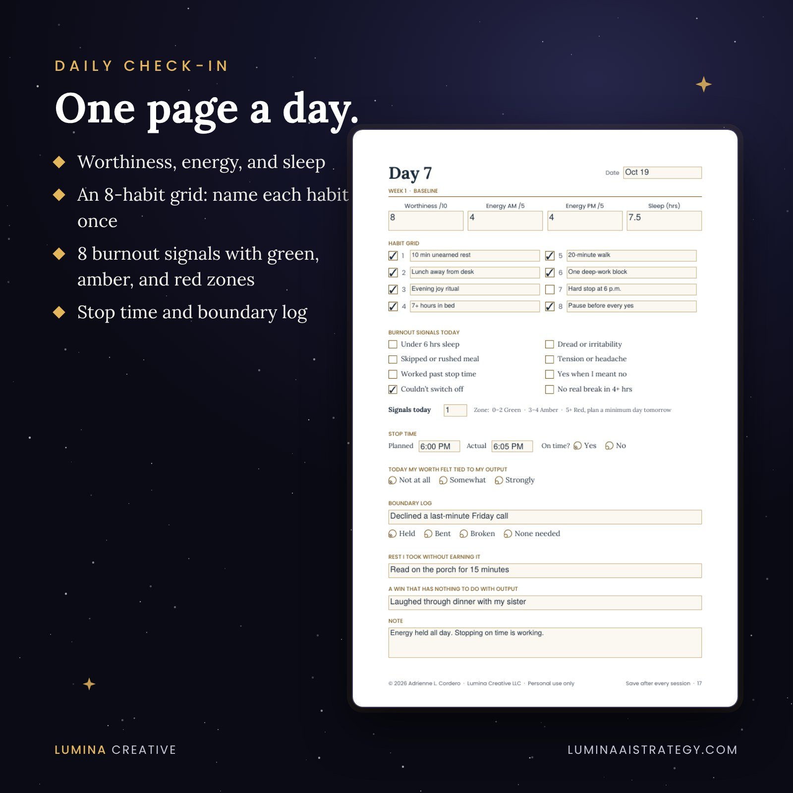 A sample daily check-in page from the tracker, showing worthiness, energy, and sleep scores, an 8-habit grid, burnout signals, stop time, and a boundary log.