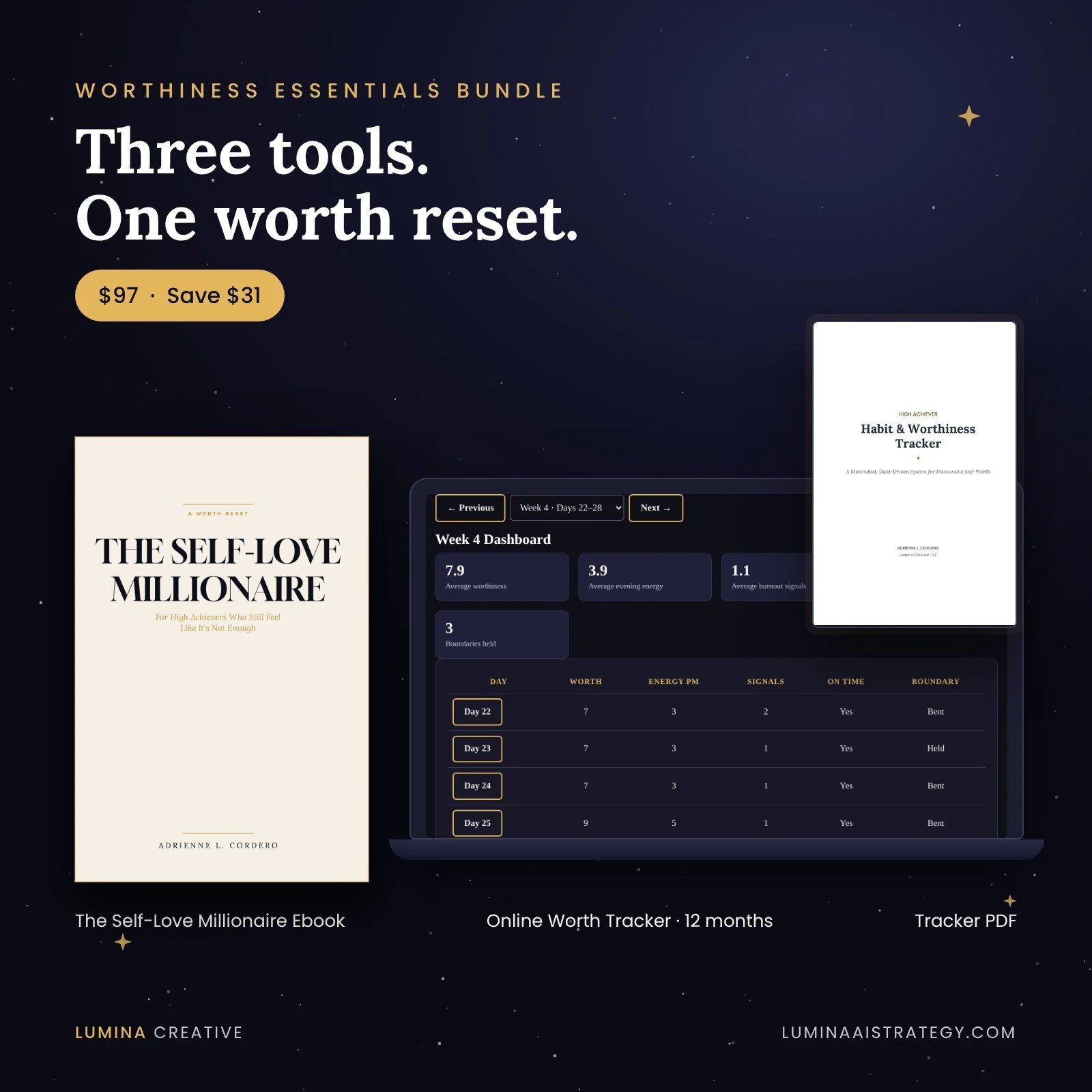 Worthiness Essentials Bundle: The Self-Love Millionaire ebook cover, the Online Worth Tracker on a laptop, and the High Achiever Tracker PDF, priced at $97, a $31 saving
